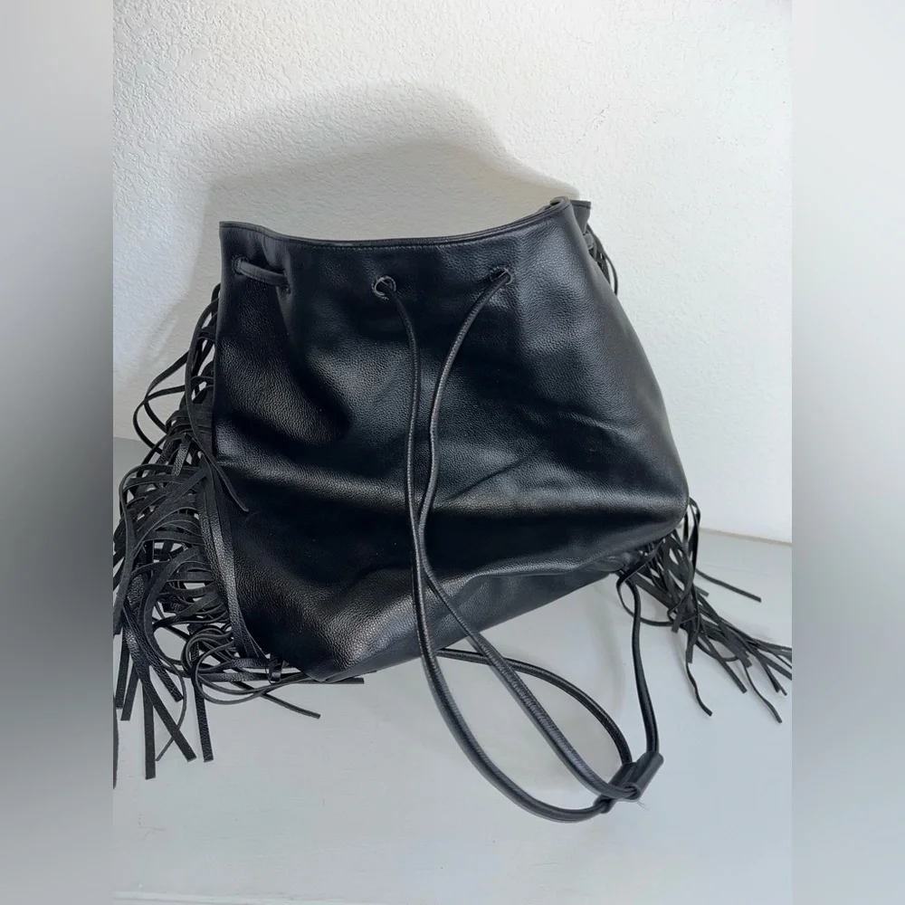 Victoria's Secret Fringe Bucket Bag Drawstring Black Faux Leather Large NWOT - Picture 14 of 16